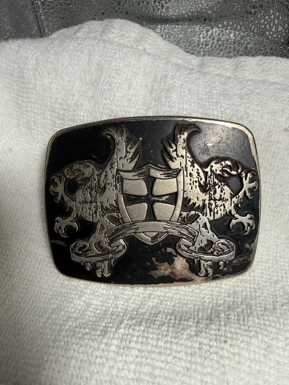 Men's Black and Silver Toned Crest Belt Buckle -Features dual Griffins
